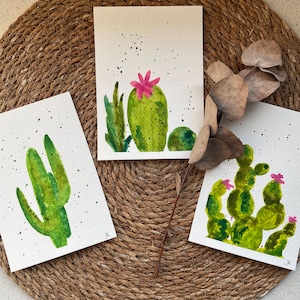 3er Set Aquarell-Karten; Original; A6; Kaktus