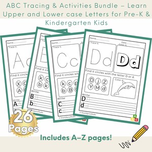 Hojas de trabajo para trazar el alfabeto en PDF / 26 páginas / Escritura y coloración de letras para preescolar / Paquete de actividades imprimibles del alfabeto