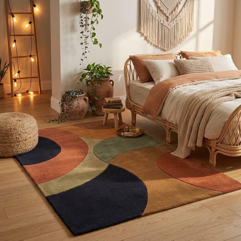 Retro Abstract Rug in Boho Bedroom - Rattan Bed Fairy Lights - Terracotta Navy Earthy Tufted Rug - Boho Living Room Rug Bedroom