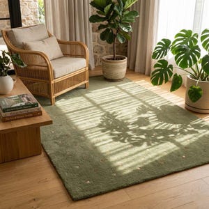 Sage Green Polka Dot Rug in Rattan Boho Room - Natural Wool Area Rug - Warm Modern Rug - Earthy Boho Decor - Artistic Area Rug Living Room