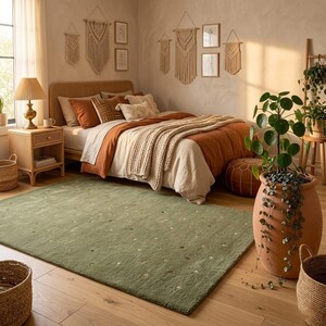 Sage Green Tufted Rug in Boho Bedroom - Polka Dot Wool Rug - Earthy Boho Decor - Green Rug Under Bed - Natural Wool Decor Housewarming Gift