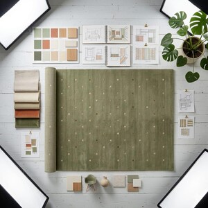 Sage Green Polka Dot Rug Design Palette Flatlay - Artisanal Custom Rug - Natural Wool Decor - Interior Design Mood Board - Earthy Color Scheme