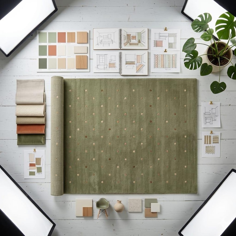 Sage Green Polka Dot Rug Design Palette Flatlay - Artisanal Custom Rug - Natural Wool Decor - Interior Design Mood Board - Earthy Color Scheme