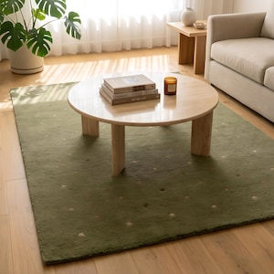 Sage Green Polka Dot Rug Under Round Coffee Table - Boho Living Room Rug - Earthy Green Area Rug - Warm Modern Decor - Handmade Wool Rug