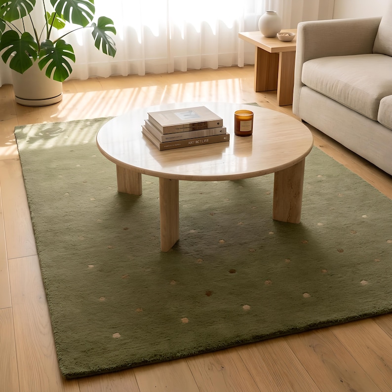 Sage Green Polka Dot Rug Under Round Coffee Table - Boho Living Room Rug - Earthy Green Area Rug - Warm Modern Decor - Handmade Wool Rug