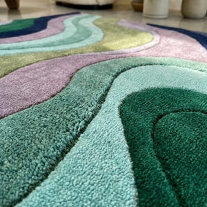 Abstract Wave Rug Texture Close Up - 3D Tufted Relief Waves Green Teal Purple - Deep Texture Carpet - Handmade Wool Rug Detail - Bold Statement Rug