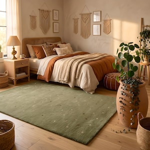 Sage Green Tufted Rug in Boho Bedroom - Polka Dot Wool Rug - Earthy Boho Decor - Green Rug Under Bed - Natural Wool Decor Housewarming Gift