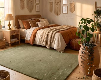 Milano Green Polka Dot Wool Rug | Hand Tufted Plush Boho Area Carpet | Earthy Pastel Aesthetic Living Room Floor Decor