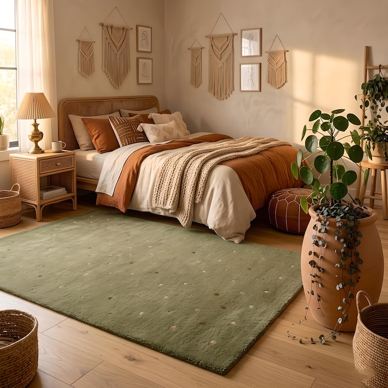 Sage Green Tufted Rug in Boho Bedroom - Polka Dot Wool Rug - Earthy Boho Decor - Green Rug Under Bed - Natural Wool Decor Housewarming Gift