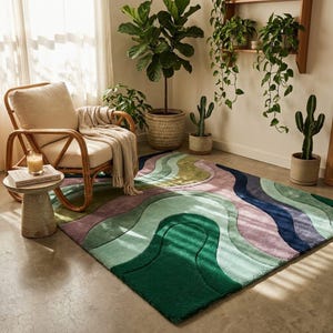 Abstract Wave Rug Boho Reading Nook - Rattan Chair Plants - Green Purple Teal Floor Rug - Artistic Wool Rug - Bold Earth Rug Boho Interior