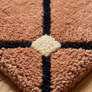Tufted Grid Rug Close Up Texture - Terracotta Rust Wool Rug - Black Grid Cream Knot Detail - Handmade Geometric Area Rug - Deep Texture Carpet