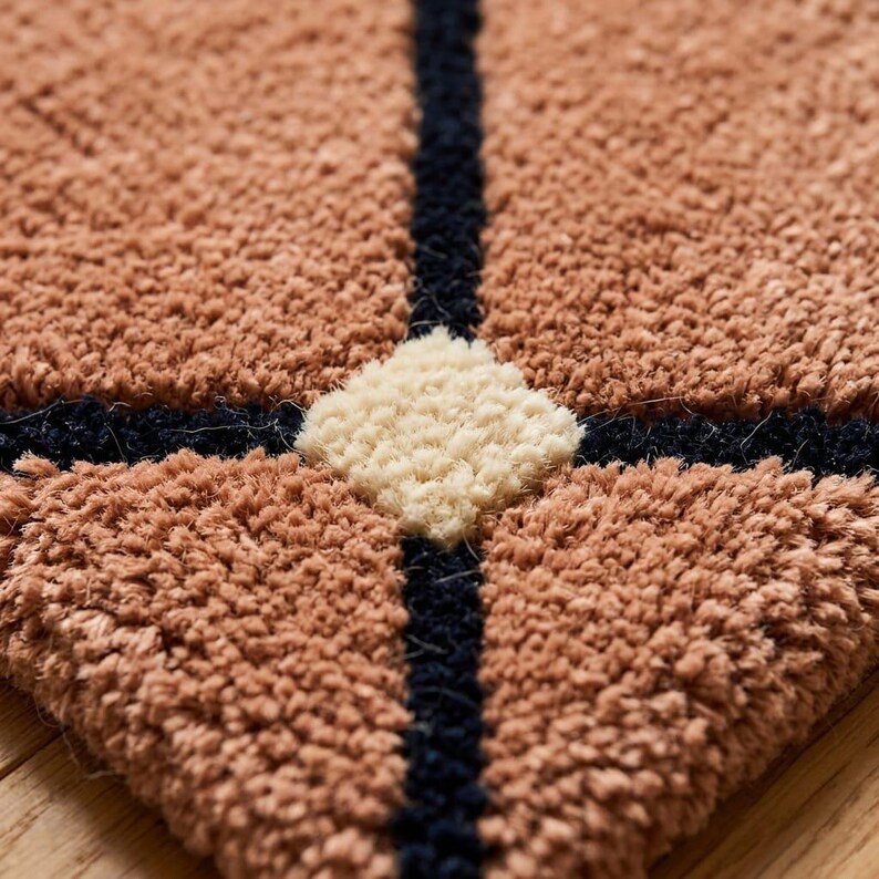 Tufted Grid Rug Close Up Texture - Terracotta Rust Wool Rug - Black Grid Cream Knot Detail - Handmade Geometric Area Rug - Deep Texture Carpet