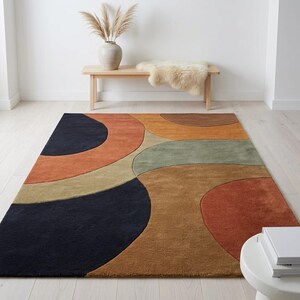 Retro Abstract Area Rug Clean Scandi Room - Terracotta Navy Amber Geometric Tufted - Bold Statement Rug - Midcentury Retro Modern Carpet 8x10