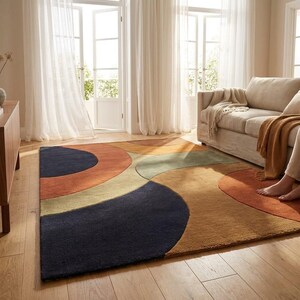 Abstract Geometric Rug Person Barefoot - Earthy Terracotta Navy Tufted Wool - Retro Modern Carpet - Warm Color Rug Living Room Lifestyle
