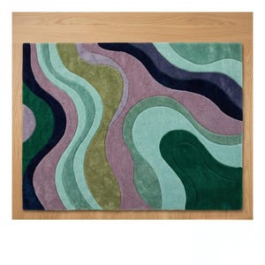 Abstract Wave Rug Top View - Green Teal Mauve Purple Navy Wavy Design - Hand Tufted Wool Rug - Retro Modern Carpet - Artistic Area Rug - Vibrant Retro Rug