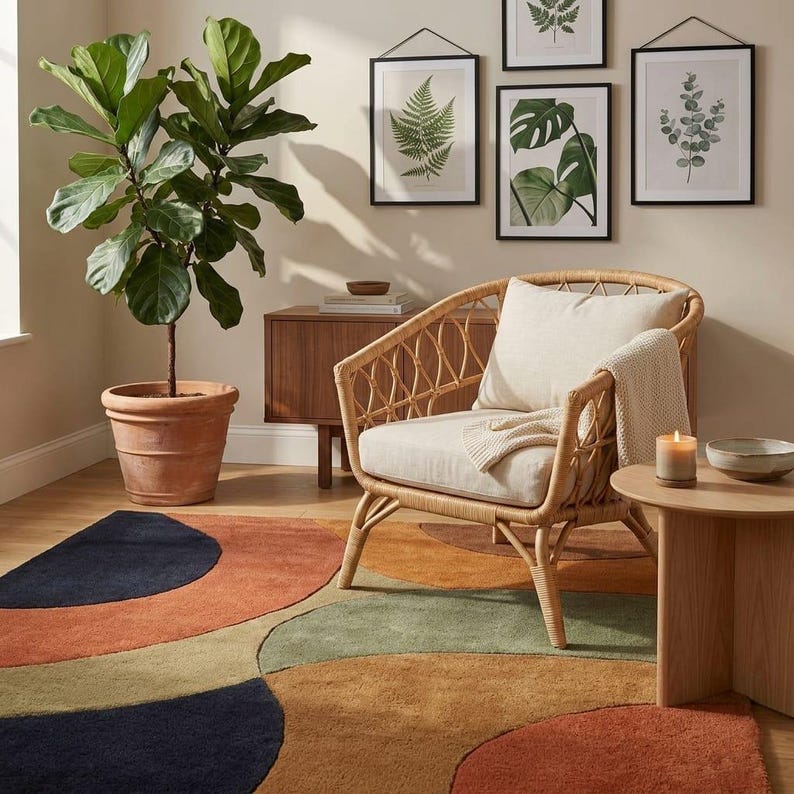 Retro Geometric Tufted Rug Boho Reading Nook - Rattan Chair Plants - Terracotta Amber Navy Abstract Area Rug - Artistic Wool Rug
