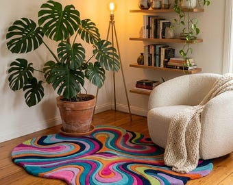 Irregular Shape Wavy Rug | Psychedelic Swirl Hand Tufted Area Rug | Colorful Abstract Living Room Rug | Boho Bedroom Rug | Retro Home Decor