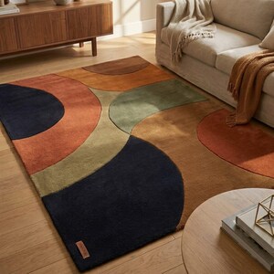 Mid Century Modern Tufted Rug Living Room - Walnut Sideboard Sofa Setting - Retro Abstract Rug - Terracotta Navy Geometric Floor Rug