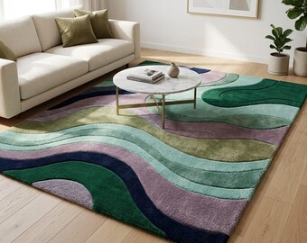 Hand Tufted Wool Abstract Wave Rug | Forest Green Teal Mint Statement Area Carpet | Mid Century Retro Wavy Living Room Decor