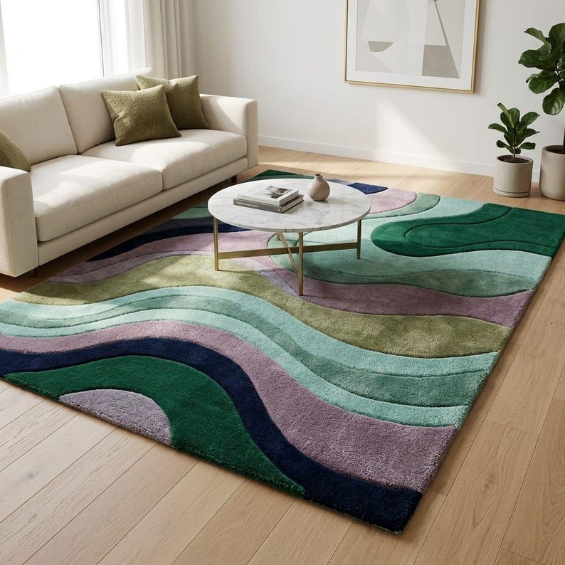Abstract Wave Rug Under Sofa Marble Table - Multicolour Tufted Area Rug - Retro Modern Carpet - Green Teal Mauve Living Room Rug - Artistic Area Rug