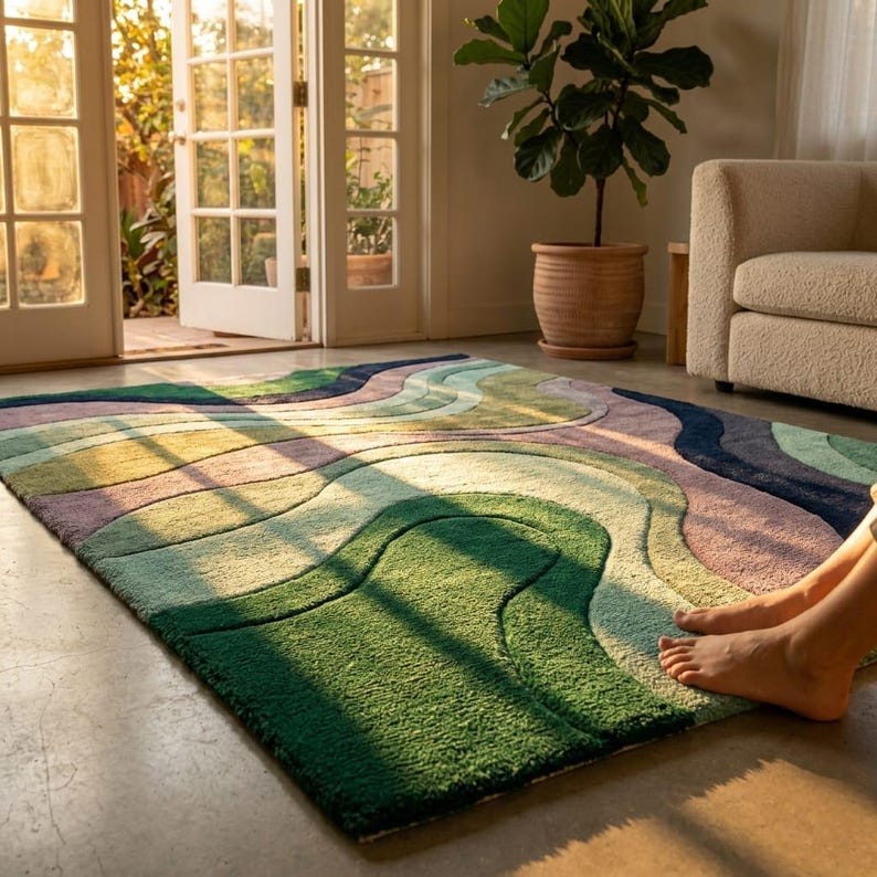 Abstract Wave Rug Barefoot Sunlight Living Room - Tactile Tufted Wool Rug - Bold Statement Rug - Wavy Design Rug - Retro Modern Carpet Lifestyle