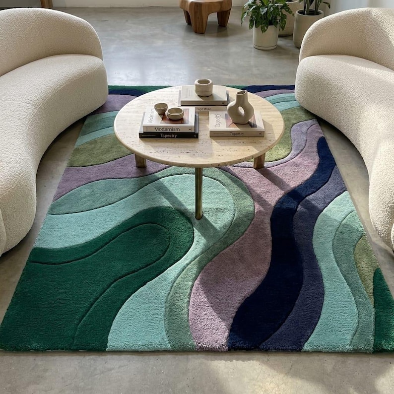Abstract Wave Tufted Rug in Modern Living Room - Boucle Chairs Round Table - Green Teal Purple Area Rug - Retro Abstract Rug - Artistic Living Room Decor