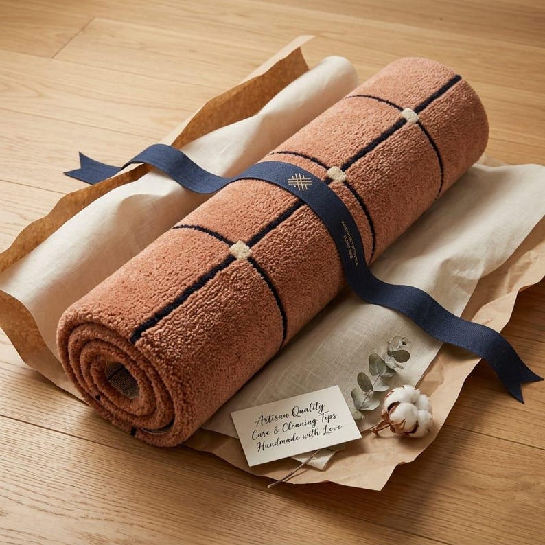 Terracotta Grid Rug Rolled - Artisan Quality Handmade Tufted Rug - Rust Orange Check Pattern - Boho Living Room Rug - Gift Packaging - Geometric Floor Rug