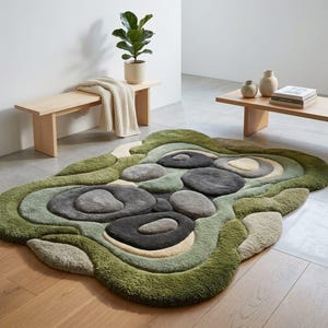3D Sculptural Stone Garden Moss Rug | Hand Tufted Wool Moss Green Area Rug | Irregular Shape Biophilic Zen Floor Carpet