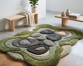 3D Sculptural Stone Garden Moss Rug | Hand Tufted Wool Moss Green Area Rug | Irregular Shape Biophilic Zen Floor Carpet