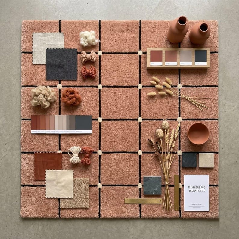 Scandi Grid Rug Design Palette Flatlay - Terracotta Wool Rug Material Swatches - Artisanal Custom Rug - Natural Wool Decor - Bold Earth Rug