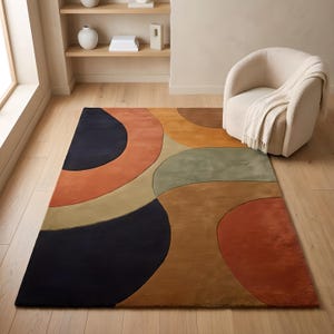 Retro Geometric Abstract Rug Tufted Handmade - Earthy Terracotta Navy Amber Arc Pattern - Bold Statement Living Room Rug - Midcentury Modern Carpet