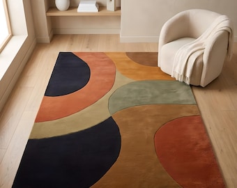 Retro Geometric Arc Rug | Hand Tufted Mid Century Modern Area Carpet | Earthy Terracotta Navy Abstract Living Room Decor