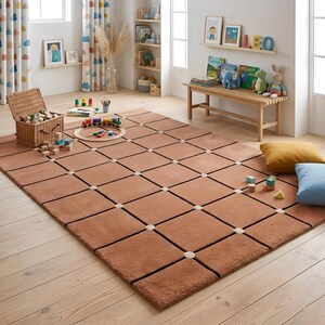 Terracotta Grid Rug in Kids Room - Playroom Area Rug - Rust Orange Geometric Rug - Safe Soft Tufted Rug for Children - Warm Color Floor Rug