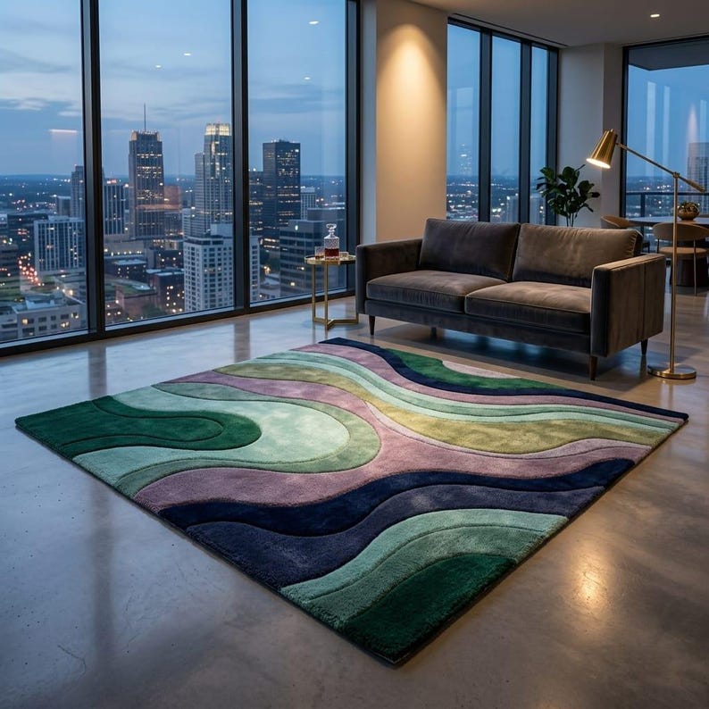Abstract Wave Rug in City Apartment Night - Large Multicolour Area Rug Living Room - Bold Statement Rug - Retro Modern Carpet - Vibrant Retro Rug