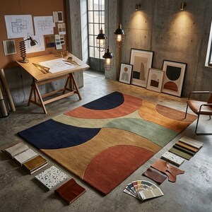 Abstract Geometric Rug in Designer Studio - Fabric Swatches Architect Setting - Retro Modern Carpet - Artisanal Custom Rug Bold Statement