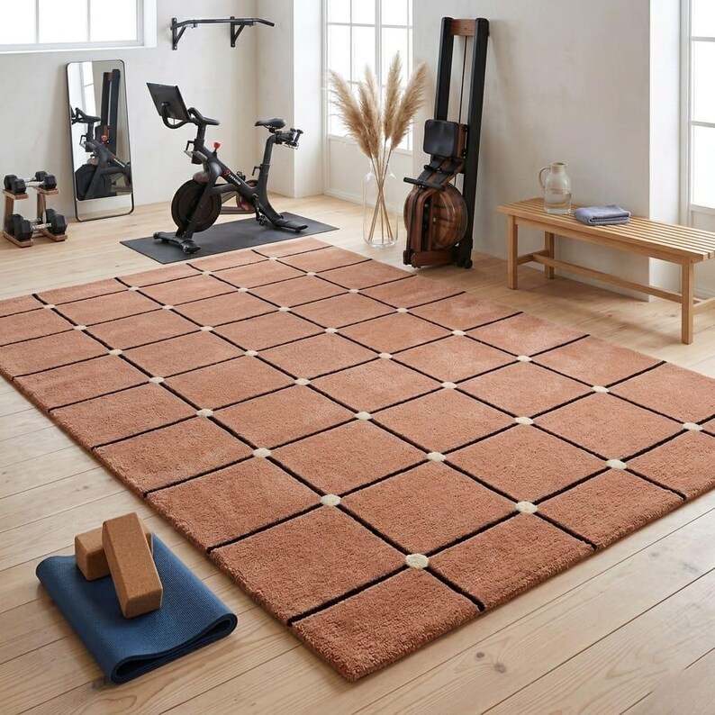 Terracotta Grid Rug in Home Gym - Large Geometric Floor Rug - Rust Orange Check Pattern - Modern Boho Decor - Warm Color Rug - Scandinavian Style