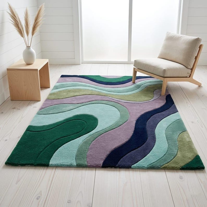Abstract Wave Rug Minimal Scandi Room - Green Teal Purple Navy Wavy Area Rug - Warm Modern Rug - Floor Decor Rugs - Handmade Tufted Wool Rug