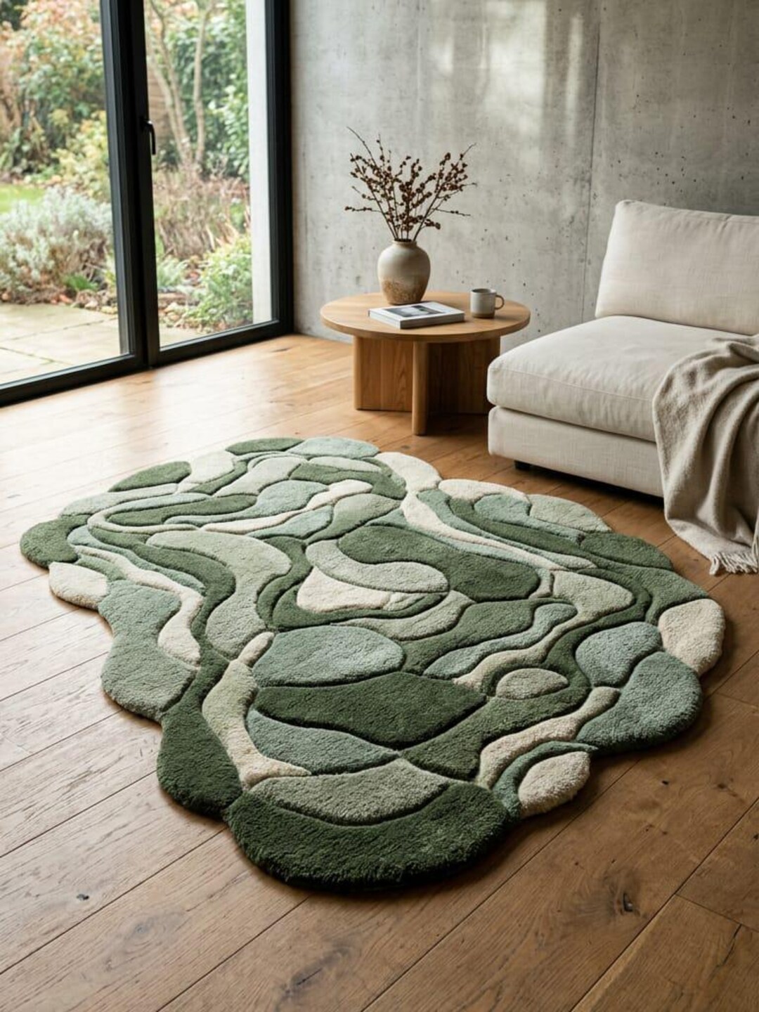 Organic Abstract Hand Tufted Wool Rug Moss Green Irregular Shape Area ...