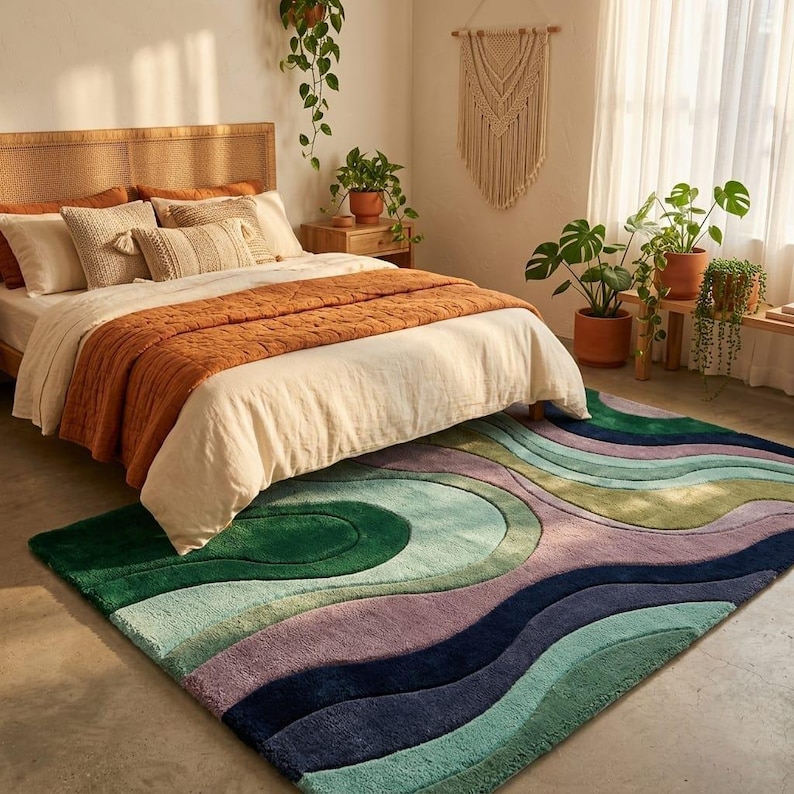 Abstract Wave Tufted Rug in Boho Bedroom - Green Teal Purple Rug Under Bed - Retro Abstract Rug - Boho Living Room Rug - Vibrant Retro Rug Bedroom