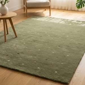 Large Sage Green Area Rug Minimalist Living Room - Polka Dot Tufted Rug - Soft Green Floor Rug - Boho Interior Rug - Warm Color Rug 8x10