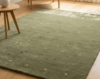 Sage Green Polka Dot Wool Rug | Hand Tufted Plush Boho Area Carpet | Earthy Pastel Aesthetic Living Room Floor Decor