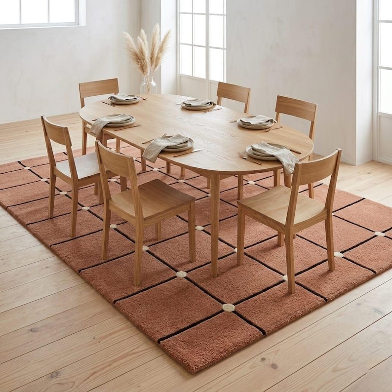 Terracotta Grid Rug Under Dining Table - Rust Orange Geometric Floor Rug - Large Area Rug Dining Room - Boho Living Room Rug - Warm Wool Rug
