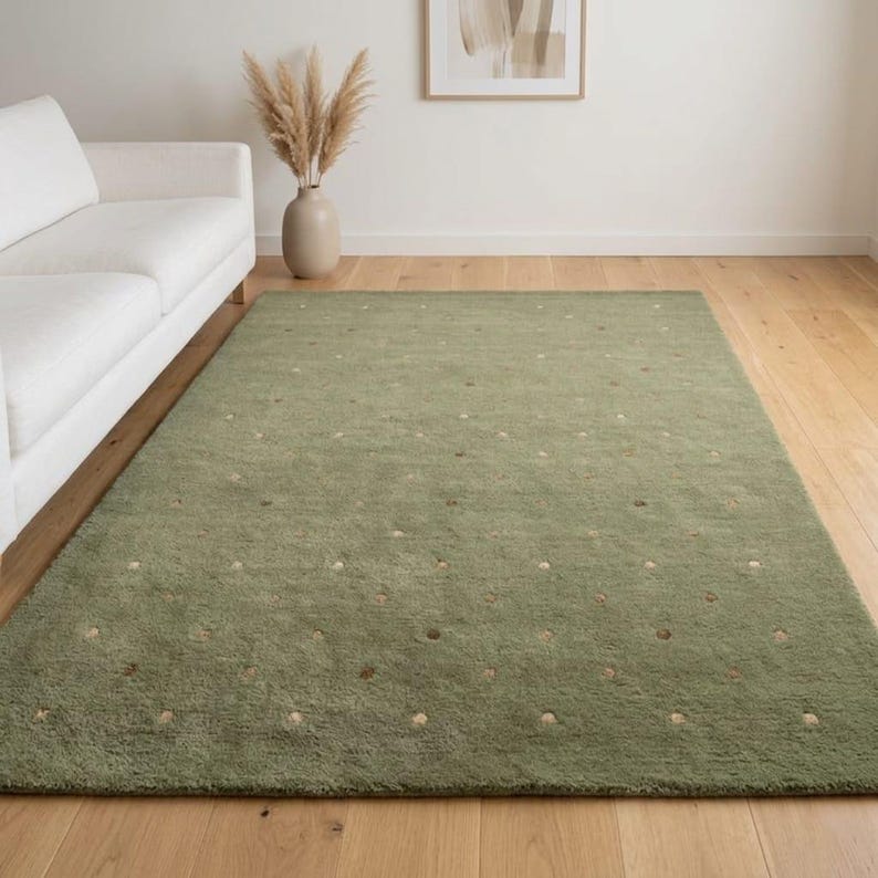 Sage Green Tufted Rug Living Room - Polka Dot Wool Area Rug - Earthy Boho Decor - Soft Green Floor Rug - Warm Modern Rug - Minimalist Room Decor