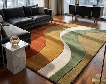 Alfombra de mediados de siglo / Alfombra ondulada de lana tejida a mano / Tonos tierra verde salvia naranja quemado / Decoración para sala de estar y dormitorio