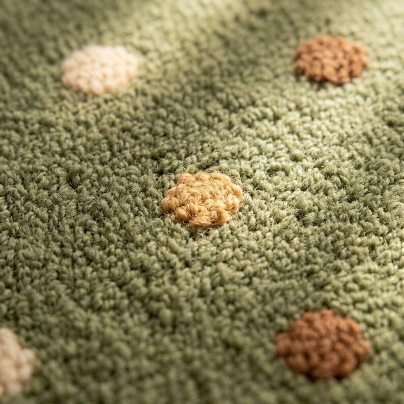 Sage Green Tufted Rug Close Up - Multicolour Polka Dot Detail Cream Terracotta Tan - Hand Tufted Wool Rug - Deep Texture Carpet - Artisan Quality