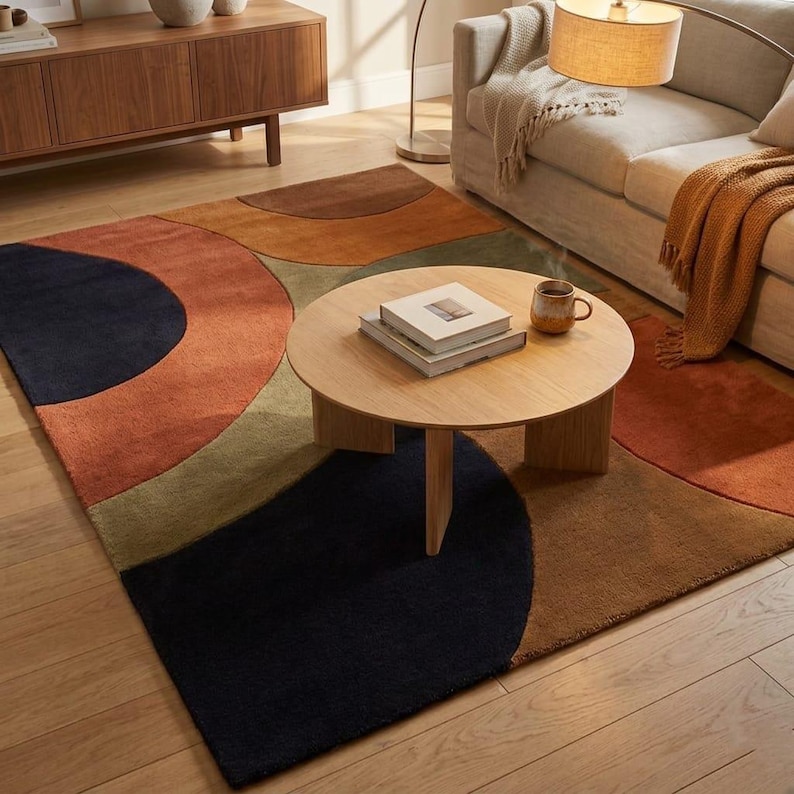 Retro Abstract Geometric Rug in Mid Century Living Room - Round Coffee Table - Earthy Terracotta Navy Tufted Area Rug - Boho Modern Decor
