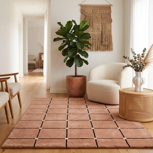 Terracotta Tufted Grid Rug in Boho Living Room - Boucle Chair Plant Styling - Warm Color Rug - Boho Interior Rug - Geometric Ethnic Rug