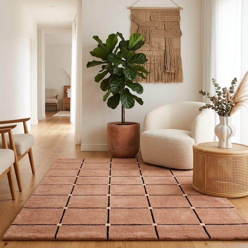 Terracotta Tufted Grid Rug in Boho Living Room - Boucle Chair Plant Styling - Warm Color Rug - Boho Interior Rug - Geometric Ethnic Rug