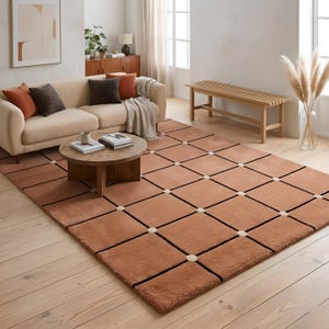 Terracotta Grid Rug in Modern Living Room - Sofa Styling - Rust Orange Check Pattern - Retro Modern Carpet - Warm Wool Rug - Artistic Area Rug