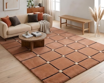 Hand Tufted Terracotta Grid Rug | Rust Orange Checkered Wool Area Carpet | Minimalist Boho Geometric Living Room Decor